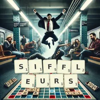 Creative illustration for a Scrabble game with the word SIFFLEURS spelled out in tiles on the board.