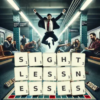Creative illustration for a Scrabble game with the word SIGHTLESSNESSES spelled out in tiles on the board.