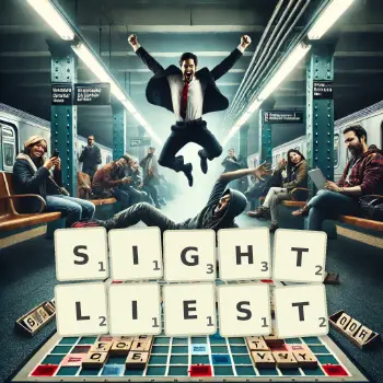 Creative illustration for a Scrabble game with the word SIGHTLIEST spelled out in tiles on the board.