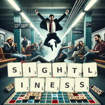 Creative illustration for a Scrabble game with the word SIGHTLINESS spelled out in tiles on the board.