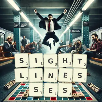 Creative illustration for a Scrabble game with the word SIGHTLINESSES spelled out in tiles on the board.