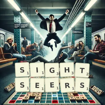 Creative illustration for a Scrabble game with the word SIGHTSEERS spelled out in tiles on the board.