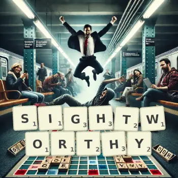 Creative illustration for a Scrabble game with the word SIGHTWORTHY spelled out in tiles on the board.
