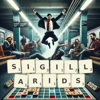 Creative illustration for a Scrabble game with the word SIGILLARIDS spelled out in tiles on the board.