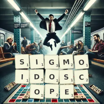 Creative illustration for a Scrabble game with the word SIGMOIDOSCOPE spelled out in tiles on the board.