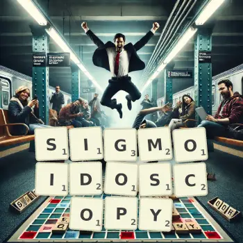 Creative illustration for a Scrabble game with the word SIGMOIDOSCOPY spelled out in tiles on the board.