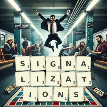 Creative illustration for a Scrabble game with the word SIGNALIZATIONS spelled out in tiles on the board.