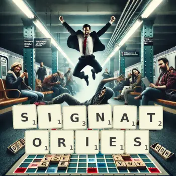 Creative illustration for a Scrabble game with the word SIGNATORIES spelled out in tiles on the board.