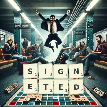 Creative illustration for a Scrabble game with the word SIGNETED spelled out in tiles on the board.