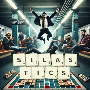 Creative illustration for a Scrabble game with the word SILASTICS spelled out in tiles on the board.