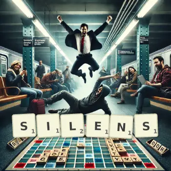 Creative illustration for a Scrabble game with the word SILENS spelled out in tiles on the board.