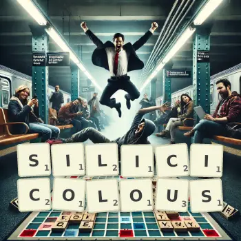 Creative illustration for a Scrabble game with the word SILICICOLOUS spelled out in tiles on the board.