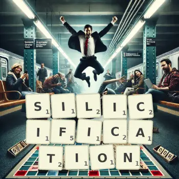 Creative illustration for a Scrabble game with the word SILICIFICATION spelled out in tiles on the board.