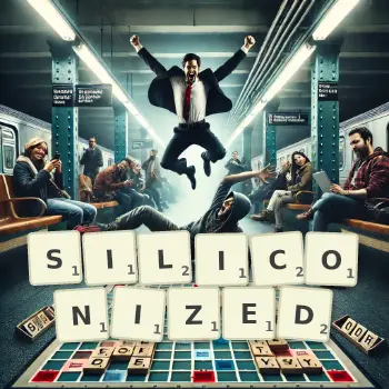 Creative illustration for a Scrabble game with the word SILICONIZED spelled out in tiles on the board.