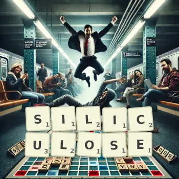 Creative illustration for a Scrabble game with the word SILICULOSE spelled out in tiles on the board.