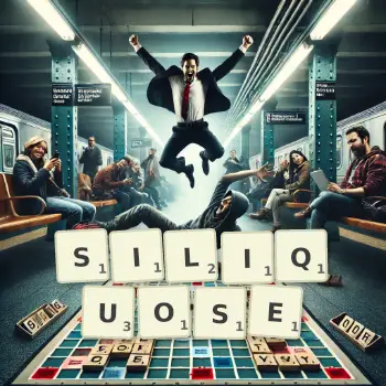 Creative illustration for a Scrabble game with the word SILIQUOSE spelled out in tiles on the board.