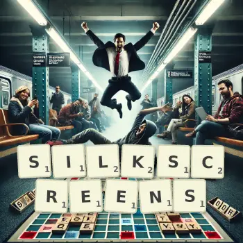 Creative illustration for a Scrabble game with the word SILKSCREENS spelled out in tiles on the board.