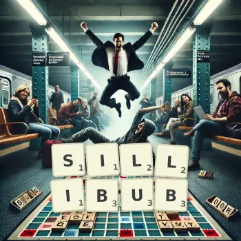 Creative illustration for a Scrabble game with the word SILLIBUB spelled out in tiles on the board.