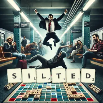 Creative illustration for a Scrabble game with the word SILTED spelled out in tiles on the board.