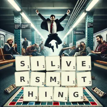 Creative illustration for a Scrabble game with the word SILVERSMITHING spelled out in tiles on the board.