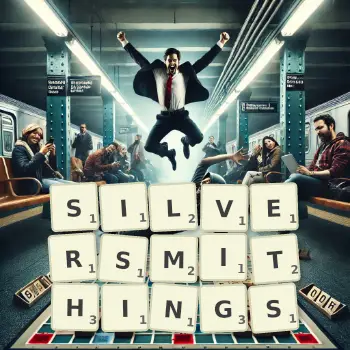 Creative illustration for a Scrabble game with the word SILVERSMITHINGS spelled out in tiles on the board.