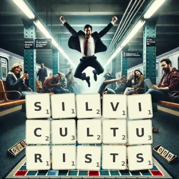 Creative illustration for a Scrabble game with the word SILVICULTURISTS spelled out in tiles on the board.