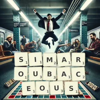 Creative illustration for a Scrabble game with the word SIMAROUBACEOUS spelled out in tiles on the board.