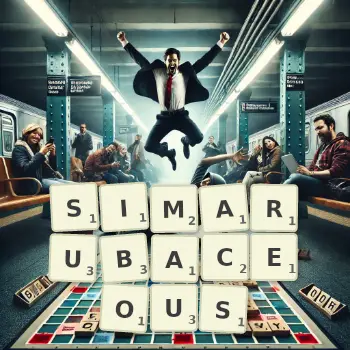 Creative illustration for a Scrabble game with the word SIMARUBACEOUS spelled out in tiles on the board.