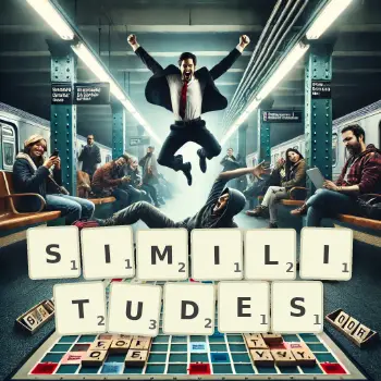 Creative illustration for a Scrabble game with the word SIMILITUDES spelled out in tiles on the board.