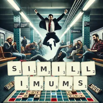 Creative illustration for a Scrabble game with the word SIMILLIMUMS spelled out in tiles on the board.