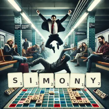 Creative illustration for a Scrabble game with the word SIMONY spelled out in tiles on the board.