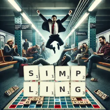 Creative illustration for a Scrabble game with the word SIMPLING spelled out in tiles on the board.