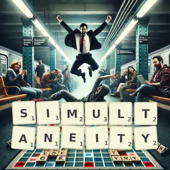 Creative illustration for a Scrabble game with the word SIMULTANEITY spelled out in tiles on the board.
