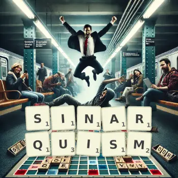 Creative illustration for a Scrabble game with the word SINARQUISM spelled out in tiles on the board.