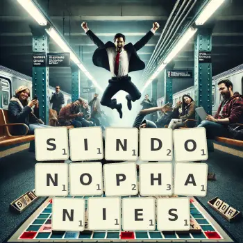 Creative illustration for a Scrabble game with the word SINDONOPHANIES spelled out in tiles on the board.
