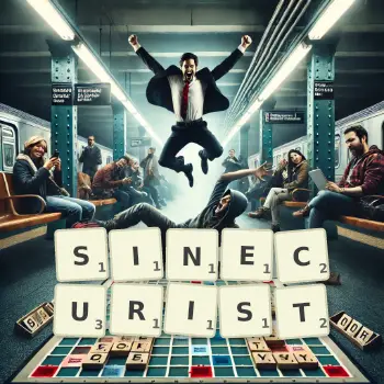 Creative illustration for a Scrabble game with the word SINECURIST spelled out in tiles on the board.