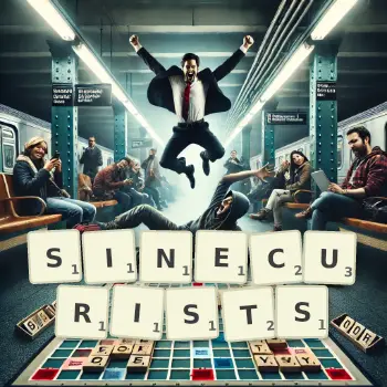 Creative illustration for a Scrabble game with the word SINECURISTS spelled out in tiles on the board.