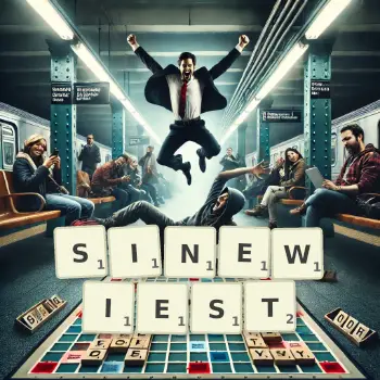 Creative illustration for a Scrabble game with the word SINEWIEST spelled out in tiles on the board.
