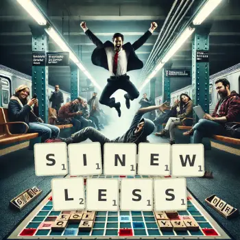 Creative illustration for a Scrabble game with the word SINEWLESS spelled out in tiles on the board.