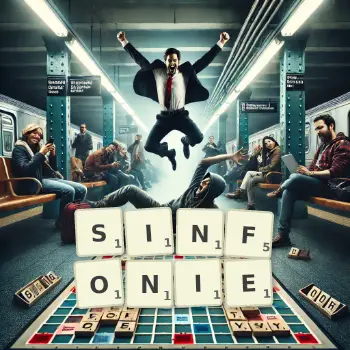 Creative illustration for a Scrabble game with the word SINFONIE spelled out in tiles on the board.