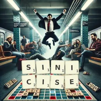 Creative illustration for a Scrabble game with the word SINICISE spelled out in tiles on the board.