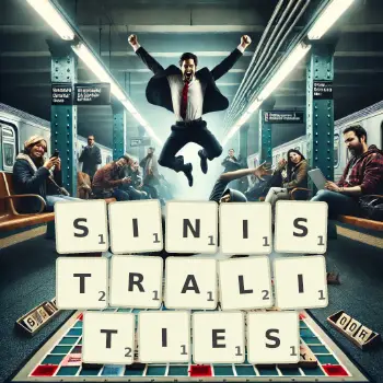 Creative illustration for a Scrabble game with the word SINISTRALITIES spelled out in tiles on the board.