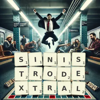 Creative illustration for a Scrabble game with the word SINISTRODEXTRAL spelled out in tiles on the board.