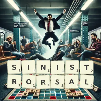 Creative illustration for a Scrabble game with the word SINISTRORSAL spelled out in tiles on the board.