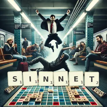 Creative illustration for a Scrabble game with the word SINNET spelled out in tiles on the board.
