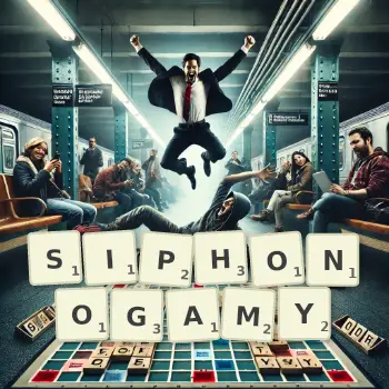 Creative illustration for a Scrabble game with the word SIPHONOGAMY spelled out in tiles on the board.