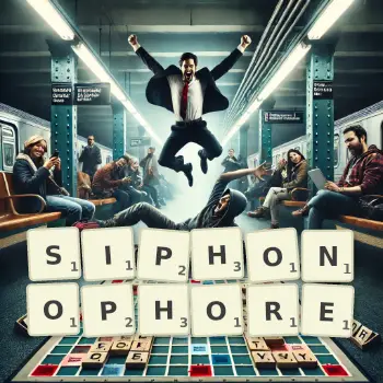 Creative illustration for a Scrabble game with the word SIPHONOPHORE spelled out in tiles on the board.