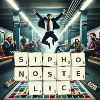Creative illustration for a Scrabble game with the word SIPHONOSTELIC spelled out in tiles on the board.