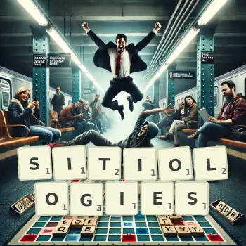 Creative illustration for a Scrabble game with the word SITIOLOGIES spelled out in tiles on the board.