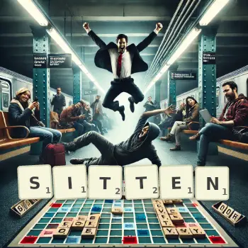Creative illustration for a Scrabble game with the word SITTEN spelled out in tiles on the board.